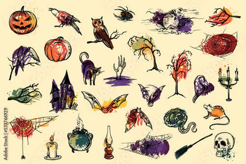 Set of vector Halloween hand drawn elements in sketch style and abstract texture. © natality