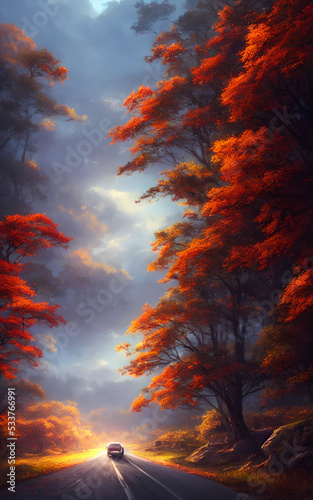 The autumn leaves are falling and the scenic tourist road is covered in a blanket of red, orange, and yellow. The trees are decorated with colorfully dressed tourists who are taking pictures and enjoy © dreamyart