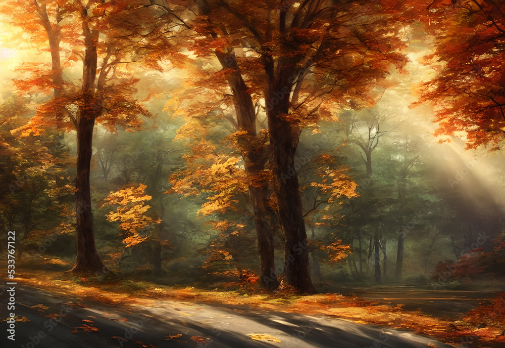 Fototapeta premium The road is lined with trees that are just starting to turn yellow and red. The leaves are falling gently to the ground, creating a carpet of color. In the distance, you can see mountains covered in s