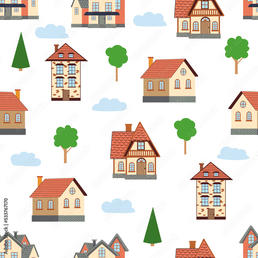Seamless pattern of different colorful houses.