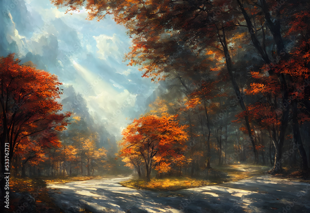 The sky is orange and red, the leaves are falling gently to the ground. The trees are a beautiful sight, their branches reaching high into the sky. You can see the road winding through the forest, lea - obrazy, fototapety, plakaty 