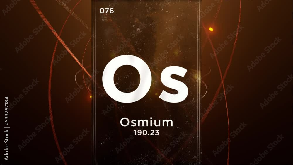 Osmium (Os) symbol chemical element of the periodic table, 3D animation on atom design background
