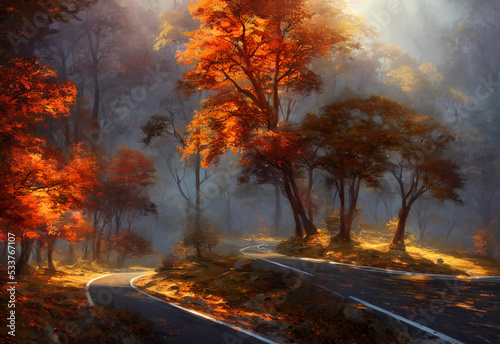 The leaves on the trees are changing color  and there is a chill in the air. The road is winding and scenic  and it looks like the perfect place to take a autumn drive.