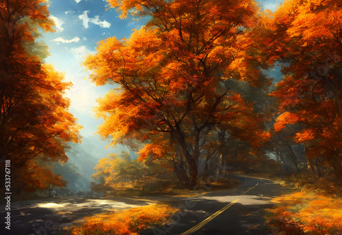 The autumn scenic tourist road is a beautiful sight. The leaves are changing colors and falling gently to the ground. The air is crisp and cool, and the sky is a clear blue. © dreamyart