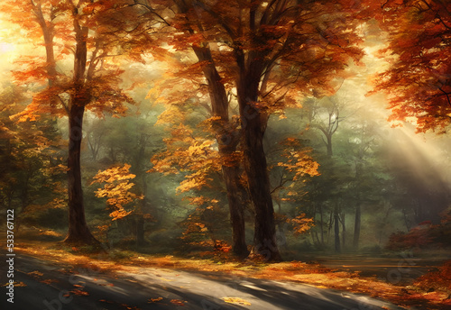 The road is lined with trees that are just starting to turn yellow and red. The leaves are falling gently to the ground, creating a carpet of color. In the distance, you can see mountains covered in s