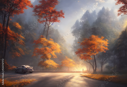 The air is crisp and cool, the leaves are changing color and falling gently to the ground. The sun is shining brightly in a deep blue sky. Cars travel slowly down the road, taking in the autumn scener