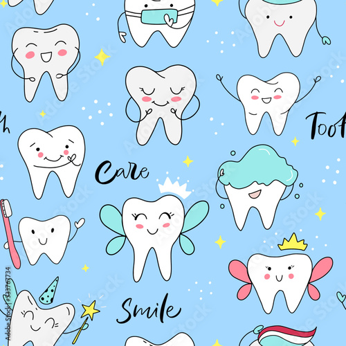 Seamless pattern of teeth with Tooth care slogan. Vector illustration. Concept of medical cabinet, dentistry advertising. Design print to social media, ad, textile, wallpaper, wrapping paper, poster.