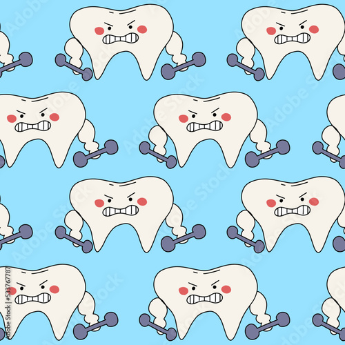 Seamless pattern of pumped up tooth with dumbbells. Concept for medical cabinet, dentistry advertising. Design print to social media, ad, textile, wallpaper, wrapping paper, poster.