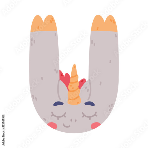 Unicorn Cute Alphabet Letter U with Smiling Face and Twisted Horn Vector Illustration