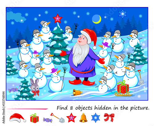 Logic puzzle game for kids. Find 8 objects hidden in the picture. Funny Santa Claus with snowmen in winter forest. Educational page. Play online. Task for attentiveness. Vector illustration.
