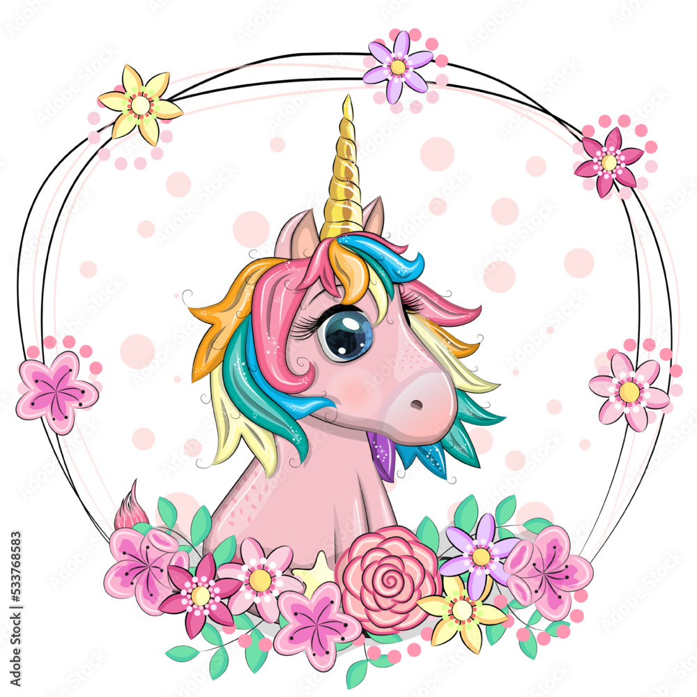 Obraz premium Pink unicorn pony sitting. Cute baby card, baby girl with big eyes