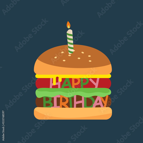 Happy Birthday Hamburger with a candle.Ideal for posters, postcards, invitations, and banners.