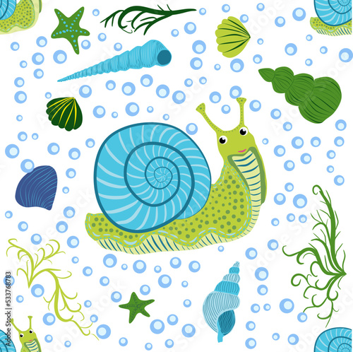 Snail, sea inhabitants seamless pattern, beautiful character among seashells, seaweed, starfish, sea animals of wildlife