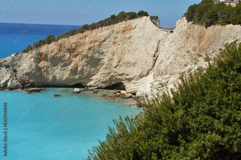 The beautiful turquoise blue color of the Ionian Sea that surrounds the Greek island of Lefkada and Potro Katsiki beach