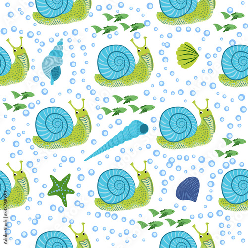Snail, sea inhabitants seamless pattern, beautiful character among seashells, seaweed, starfish, sea animals of wildlife