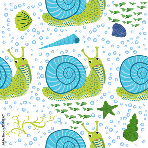Snail, sea inhabitants seamless pattern, beautiful character among seashells, seaweed, starfish, sea animals of wildlife