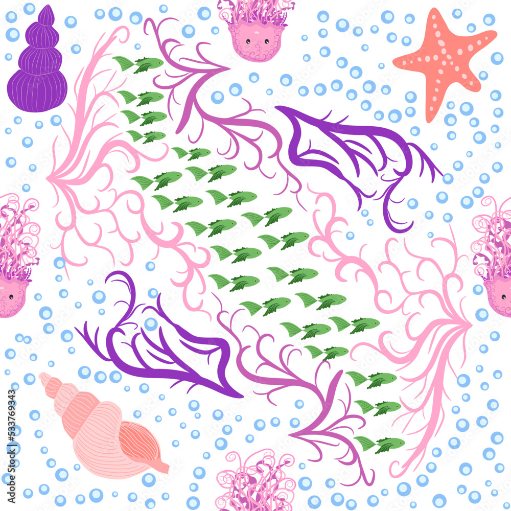 Seamless pattern with detailed transparent jellyfish. Childish seamless pattern with cute hand drawn fishes and jellyfishes in doodle style. Trendy nursery background
