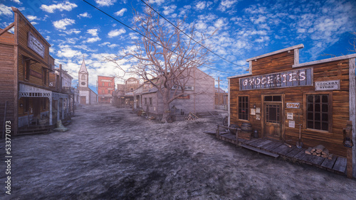 Deserted street in an old wild western town with wooden buildings. 3D rendering.
