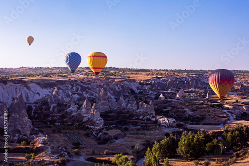beautiful view of the flight of hot air balloons in the early morning in the valley of Goreme Cappadocia.