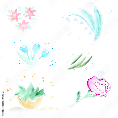 Watercolor set flowers, plants. Art decoration, sketch. Illustration hand drawn modern