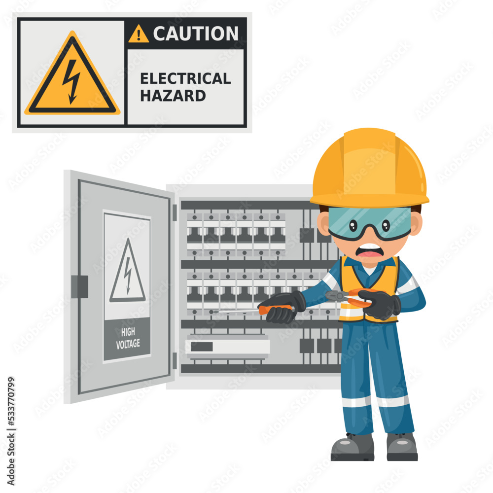 Caution, electrical hazard. Industrial electrician worker manipulating
