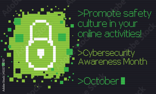 Black Screen with Pixelated Padlock for Cybersecurity Awareness Month, Vector Illustration