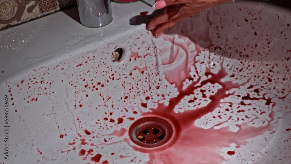 Drops of red blood from hands drip into a white washbasin close-up. Bloody mess. Terrible bleeding. Crimson drops of blood fall to the surface. Scarecrows with blood.