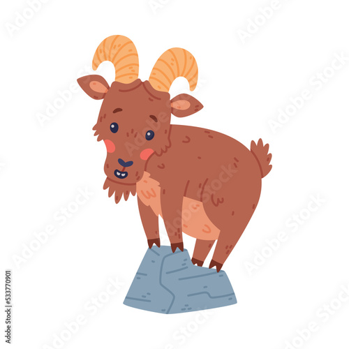 Urial Character as Wild Mountain Sheep with Horns Standing on Boulder Vector Illustration
