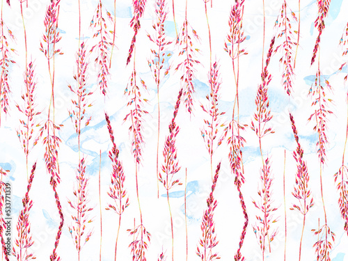 Grass Seamless Watercolor Pattern. Abstract Floral Illustration. Summer Grass Motif. Vintage Garden Wallpapaer.. Crimson Red Plantago and Apera Dried Wild Plants. Botanical Meadow Border.