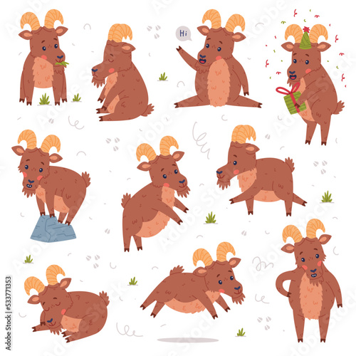 Urial Character as Wild Mountain Sheep with Horns Engaged in Different Activity Vector Set