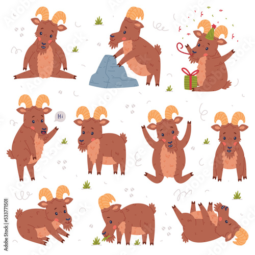 Urial Character as Wild Mountain Sheep with Horns Engaged in Different Activity Vector Set