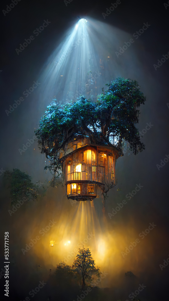 Incredible beautiful detailed treehouse lights AI Generated Stock