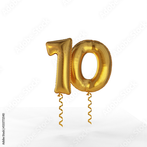 A separate number ten in the form of a foil balloon. Template for creating a greeting card for the celebration. 3d rendering.
