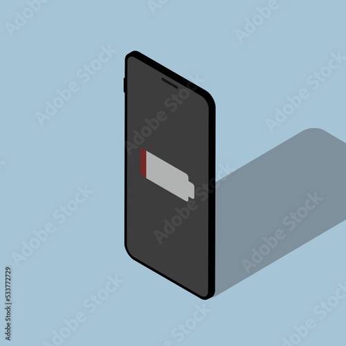 Smartphone. Isometric phone. 3D smartphone. The battery is empty. Low battery. Blue background. Colored illustration