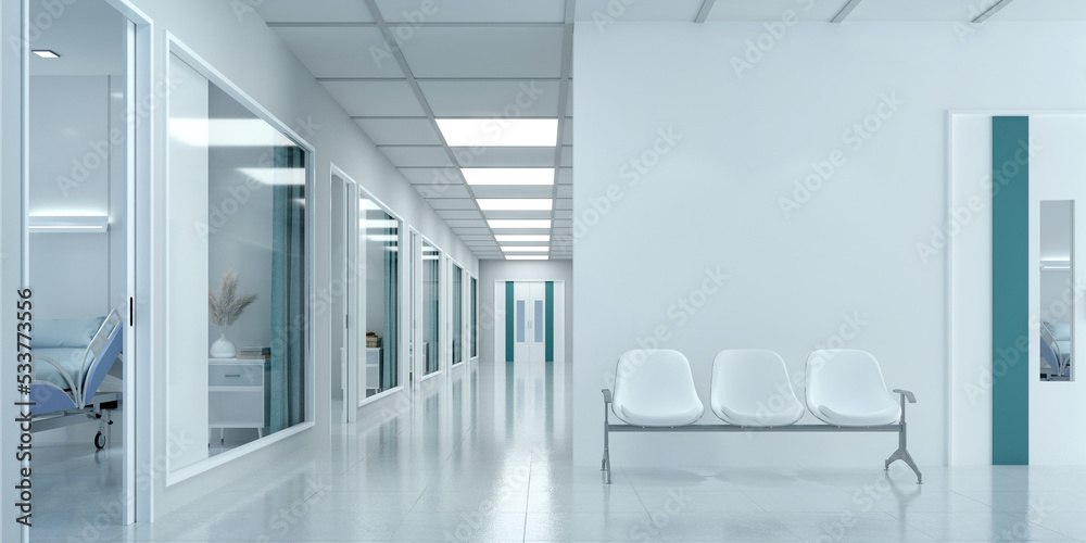 Empty corridor in modern hospital with waiting area and hospital bed in rooms.3d rendering - obrazy, fototapety, plakaty 
