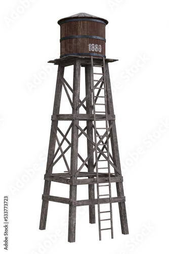 Old wild west wooden water tower. 3D illustration isolated. photo