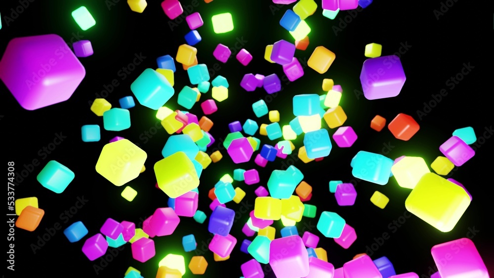 3d abstract simple geometric background with multicolor cubes flash neon light. Cubes fly in the air. Creative simple motion design background with 3d objects. 3d render 3d abstract simple geometric background with multicolor cubes flash neon light. Cubes fly in the air. Creative simple motion design background with 3d objects. 3d render