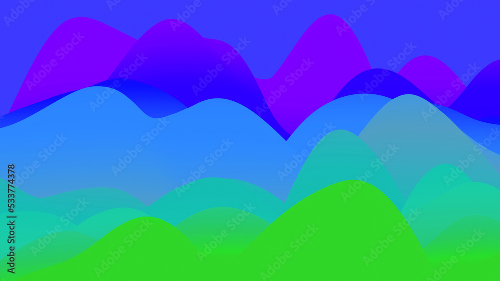 3d render. abstract fantastic background, liquid gradient of paint with internal glow forms hills or peaks like landscape in subsurface scattering material, mat color transitions. Blue green