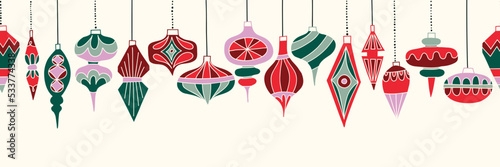 Retro Hanging Baubles Vector Seamless Horizontal Pattern Border. Vintage Winter Holidays Ornaments Background. Festive Mid Century Modern Graphic Print