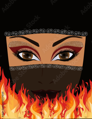 Muslim Arab woman in niqab and fire, background vector illustration