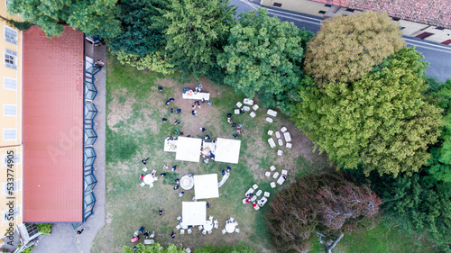 Top view drone photo of an outdoor party
