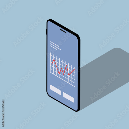 Smartphone. Isometric phone. 3D smartphone. Stock market  trading graph, exchange. Schedule. Diagram on smartphone screen. 