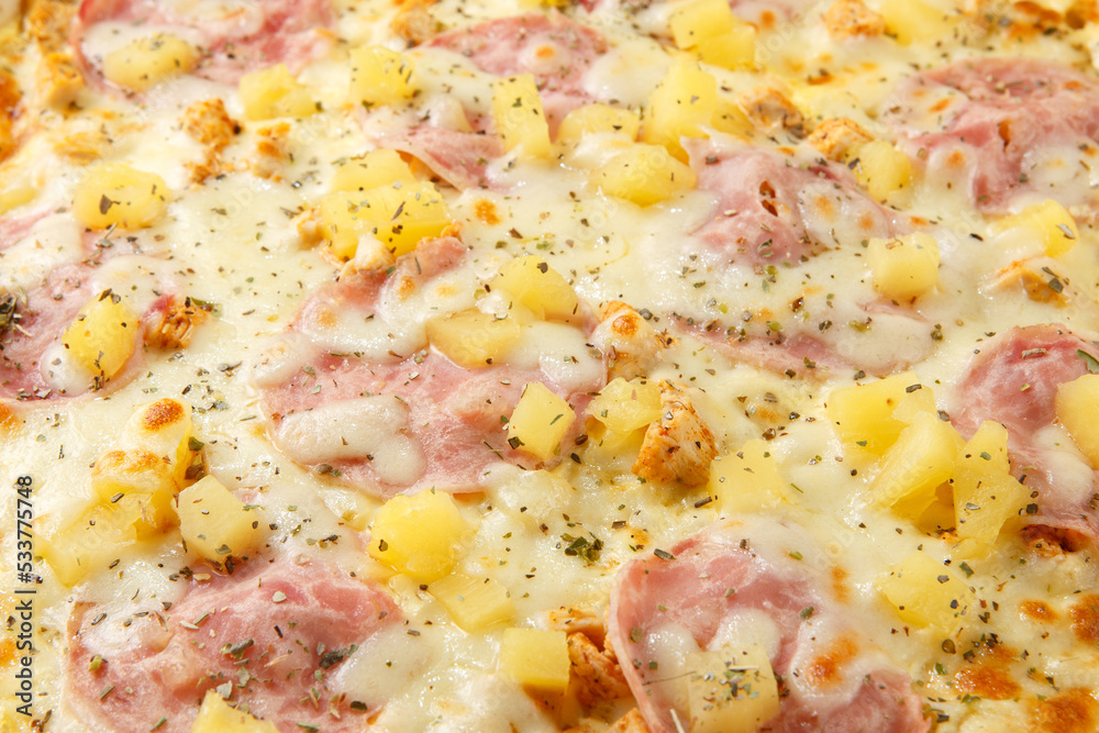 Pizza background - macro shot of hawaiian pizza. Pizza background - macro shot of hawaiian pizza.