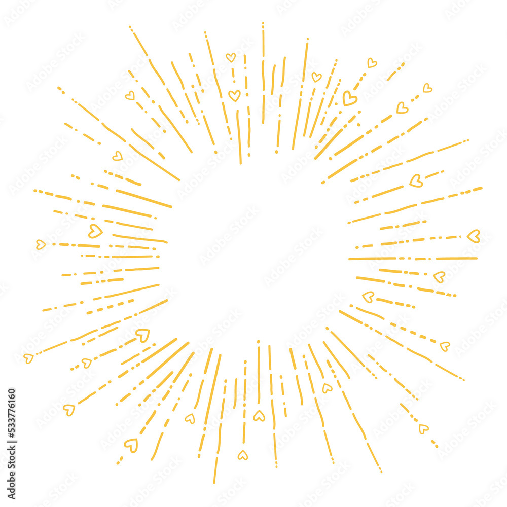 Hand drawn circle golden frame with sun rays and hearts. Abstract golden and white background. Design doodle element. Copy space for text Hand drawn circle golden frame with sun rays and hearts. Abstract golden and white background. Design doodle element. Copy space for text