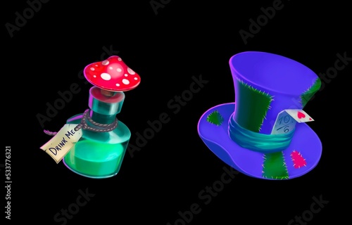 Digital illustration of Alice in Wonderland set. Hat, cards, mushrooms, bottle drink me, 
cylinder hat. Use it for postcards, invitations. Illustration isolated on white background.