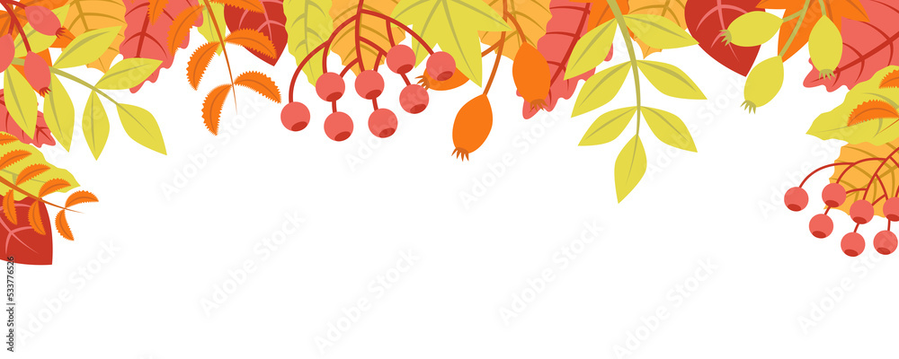 Autumn nature background with leafage pattern concept. Horizontal web banner with orange, red and yellow leaves. Autumnal colourful elements border. Illustration in flat design for website.