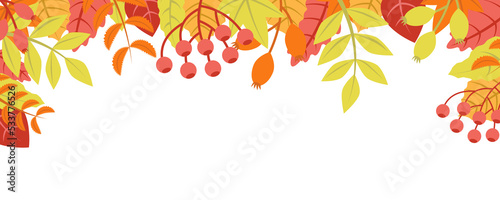 Autumn nature background with leafage pattern concept. Horizontal web banner with orange, red and yellow leaves. Autumnal colourful elements border. Illustration in flat design for website. © alexdndz