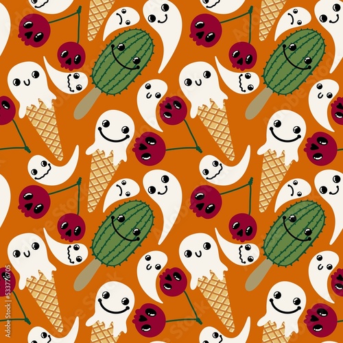 Halloween cartoon doodle seamless ghost ice cream and cactus and skulls cherry pattern for wrapping and fabrics