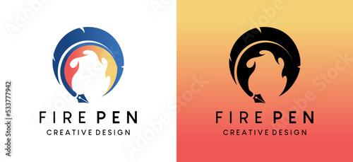 Pen logo design with fire concept, vector illustration