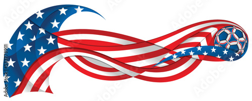 Red blue and white soccer ball leaving a wavy trail with the colors of the USA flag on a white background. Vector image
